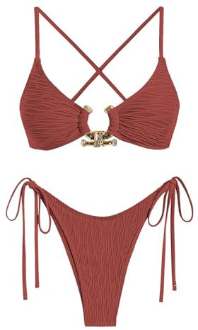ZAFUL Women's Bikini Sets Ribbed Metal O Ring Criss Cross Two Piece Swimsuit Cheeky High Cut Side Tie Thong Bathing Suit
