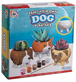 RMS International Kids' DIY Dog Planters Kit - Paint Your Own Beagle, Corgi, Pug - Creative Art and Gardening Activity with 3 Planters, 6 Paints, and Brush - Educational Fun for Ages 6+ Gift