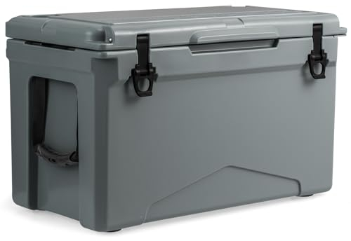 COSTWAY 25QT/30QT/50QT Rotomolded Enhanced Ice Cooler Box, Portable Ice Retention Boxes with Cup Holders and Bottle Opener, Insulated Ice Chest, 5-7-day Ice Retention (47L, with Nylon Handle, Grey)