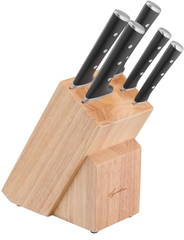 Lagostina Iceforce, Set Coltelli da Cucina, Ceppo in Legno con 5 Coltelli in Accaio Inox, Confezione con Coltello Pane 20cm, Coltello Chef 20cm, Coltello Santoku 18cm, Multiuso 11cm e Spelucchino 9cm