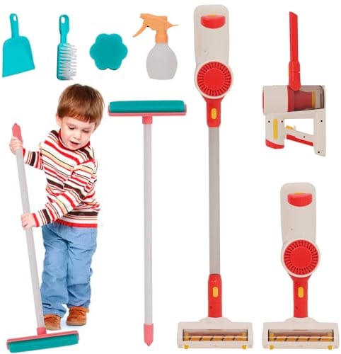Juguete Aspiradora Infantil, Juego de Juguete de Limpieza Infantil 3 en 1 con Succión Realista y Sonido, Juego de Juguete para Jugar a Limpiar la Casa, Herramientas de Limpieza con Esponja para Niños