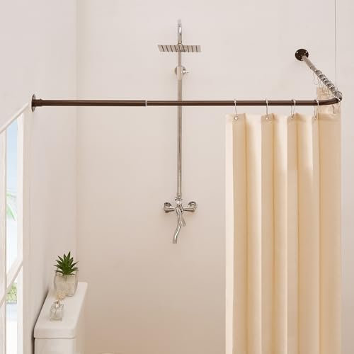Crkmire Tringle Rideau Douche Angle Barre de 61-94cm x 61-94cm, Réglable en Forme de L Incurvée à 90 Degrés Pour Salle de Bain Avec 12 Crochets et Support de