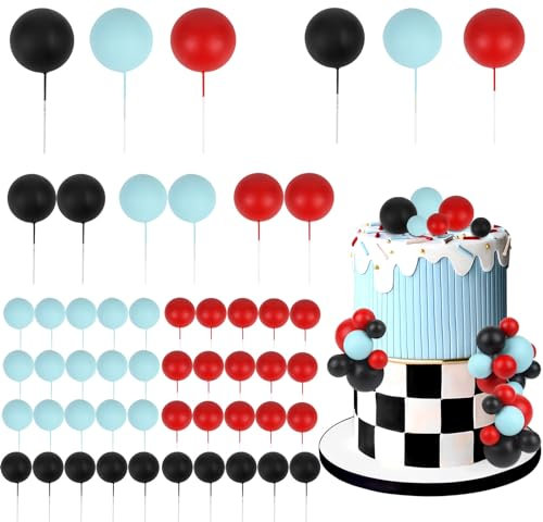 CORNER LACE 52 Pcs Race Car Themed Ball Cake Decorations - Red Blue Black Ball Dessert Picks Cake Cupcake Toppers, Birthday Party Baby Shower Gender Reveal Cake Supplies