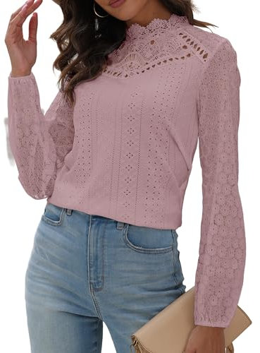 Hount Spitzen Top Langarm Transparente Blusen Elegant Oberteil Lässig Shirtbluse Vintage Langarmshirt (L, Rose)