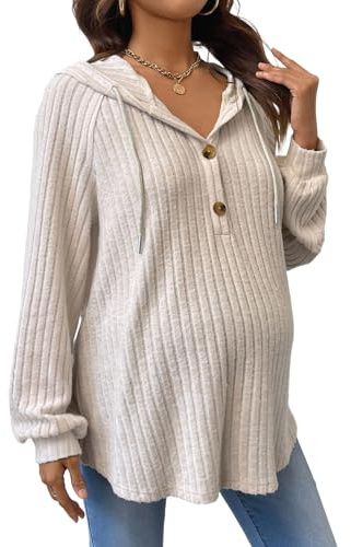 BEAUDRM Women's Maternity Half Button Sweatshirts Long Sleeve Ribbed Knit Pregnancy Shirt Spring Clothes Khaki Small
