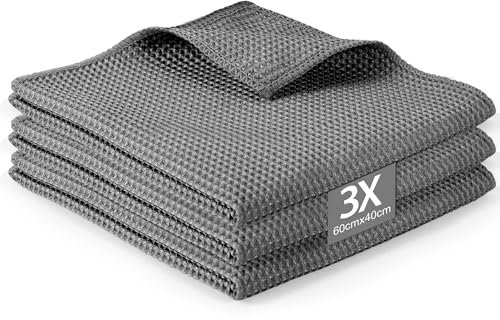 Yokuni Geschirrtücher Baumwolle 3er Set, 60X40cm Trockentücher Küche Saugfähig und Schnell Trocknend, Geschirrtücher Microfaser Leicht Reinigen, Waffeltuch für Küche, Auto, Beauty, Tägliche Reinigung