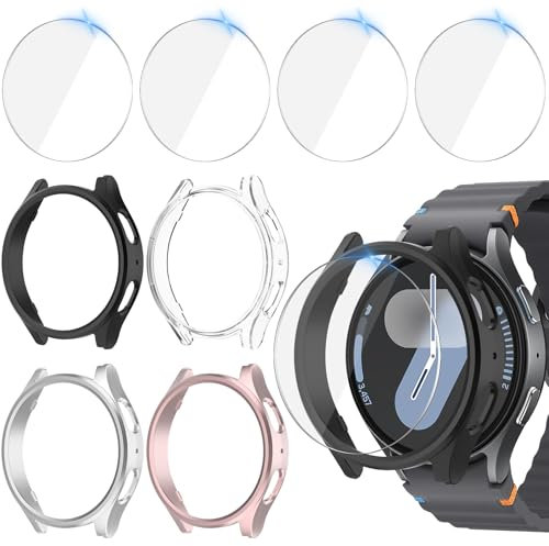 Jvchengxi 4+4Pièces Coque 44mm pour Samsung Galaxy Watch 7 Protection Écran, Anti-rayures PC Etui + HD Protecteur D'écran en Verre Trempé pour Galaxy Watch 7 44mm (Noir+Argent+OrRose+Clair)