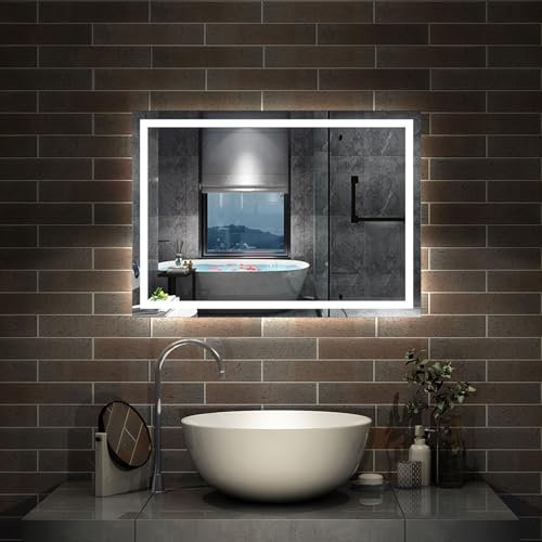 Bluetooth LED Bathroom Mirror with Shaver Socket, 3 Colours Lights Dimmable, 700x500 mm Illuminated Bathroom Vanity Mirror, Demister, Wall Switch Touch Switch Smart Mirrors Horizontal Vertical