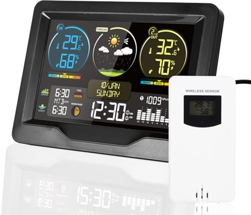 ALLOMN Wetterstation mit Außen Innensensor, Kabellose Digitale Wetterstation mit LCD-Display, Automatisch Einstellbare Helligkeit, Doppelwecker, Temperatur, Luftfeuchtigkeit, Wettervorhersage