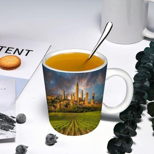 YOIUE Funny Coffee Mug - 11Oz Cups 330ml - Colored Mug Cup - Gift for Birthday,Work,Office,Italy, Vineyards of San Gimignano Tuscany. Historical Architecture. Dramatic s,White Printed Coffee Cupgift