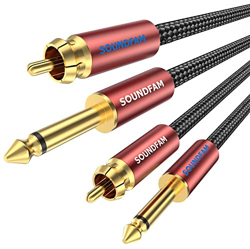 SOUNDFAM Cavo RCA a Jack 6.3mm PREMIUM - 2xRCA a 2x 6,35mm (1/4 pollice), Doppia Schermatura, Placcatura Oro 24K, Design Ultra-Resistente, Rosso 2 Metro