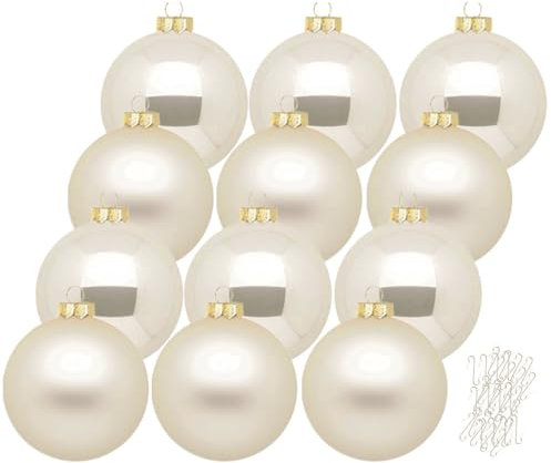 Inge Glas große Weihnachtskugeln mit Haken | Christbaumkugeln aus Glas | Set 12 Kugeln 8cm groß und 40 Aufhänger | Christbaumschmuck Weihnachtsbaumkugeln (Champagne | beige)