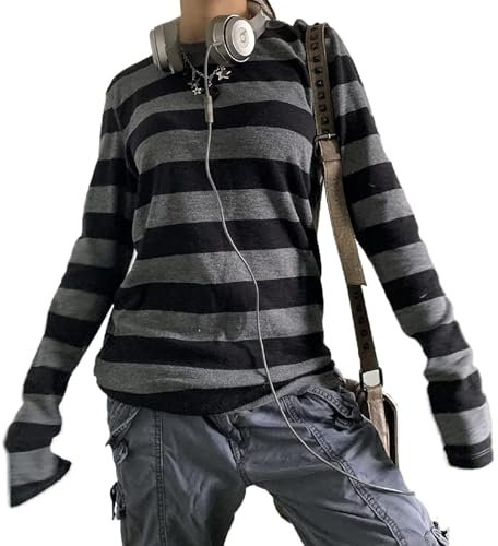 YYDSTYLE Women's Long Sleeve Crewneck Striped T-Shirt Oversized Grunge Goth Emo Casual Top (Grey Black, L)