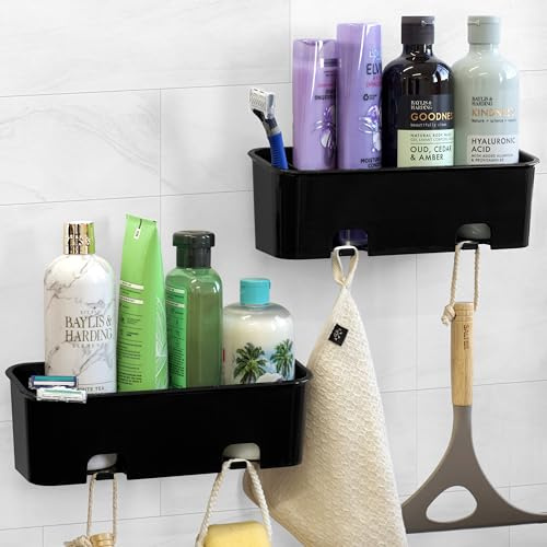 S.B.Weston Shower Caddy, Small Storage Basket for Bathroom or Kitchen, Easy Install/Removal with Glue & Wall Hanger, No Drilling and No Suction Cups, Rustproof Plastic (Black - 2 Pack)