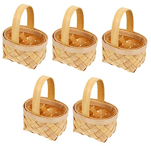 Amosfun 5pcs Mini Woven Baskets with Handle, Tiny Basket for Dollhouse Decoration, Farmhouse Natural Candy Box for Wedding, Baby Shower, Birthday (5x3.5x3.5 cm)