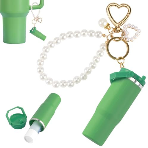 AnsFind Mini Tumbler Keychain for Stanley Cup Cute Holder Key Chain Charms for Women Pearl Keychain Wristlet Purse Handbag, Green