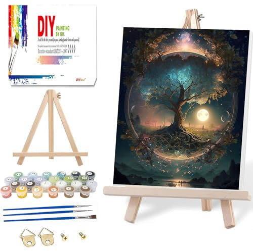 Baum Des Lebens Malen Nach Zahlen Erwachsene mit Rahmen und Holzstaffelei-Malen Nach Zahlen mit Geschenkbox,Diy Painting by Numbers Adult,Acrylfarbe Ölgemälde Kit für Anfänger für Home Décor(40x50cm)