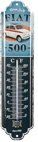 Nostalgic-Art Retro Thermometer, 7 x 28 cm, Fiat 500 – Turin Italy – Geschenk-Idee für Fiat-Zubehör Fans, Original Lizenzprodukt (OLP), aus Metall, Vintage Design