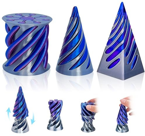 3Pcs Impossible Cone Fidget Toys Set 3D Printed Spiral Cone Fidget Toy Pyramid Passthrough Sculpture Mini Stress Relief Desktop Decorations Toy for Kids Adult Gift (Cone + Square Cone + Cylinder)