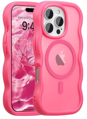 UEEBAI Magnetic for iPhone 12 Pro Max Case, Compatible with MagSafe, Transparent Wave Frame Design Case Soft Edge Cover Cute Clear Matte Shockproof Protective Phone Case, Hot Pink