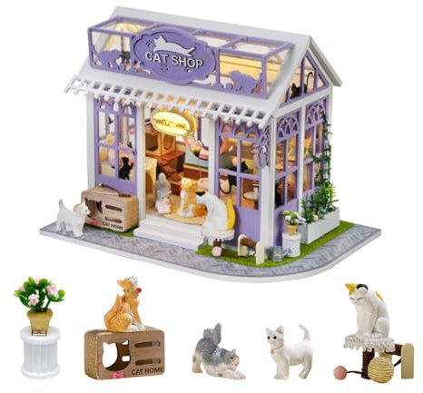 DIY Puppenhaus Miniatur Kit, Mini Cat Pet Shop Puzzle Modell 1:24 Kätzchen Puppenhaus Möbel Zubehör und LED Lichter Kinder Teen und Erwachsene bauen Geschenk (Cat Store)