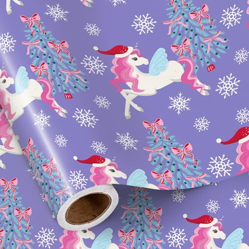 RUSPEPA Weihnachts-Einhorn-Geschenkpapier Für Mädchen, Mini-Rolle Fliegendes Einhorn Mit Weihnachtsbaum Und Schneeflocken, Verträumtes Lila Geschenkpapier Für Kinder, Weihnachtsfeiern, 43,2Cm X 5M