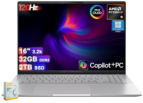 ASUS Vivobook S16 Copilot+ AI PC Laptop | 16 3200x2000 120Hz OLED (600nits HDR) | AMD 10-core Ryzen AI 9 365 (Up to 50 Tops) | 32GB DDR5 2TB SSD | RGB Backlit FHD IR Camera Win11Pro w/DLCA Accessory