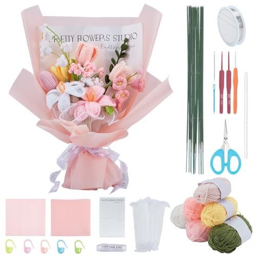INFUNLY 12 Set Häkelblumenstrauß Kit Handgefertigte Häkelsonnenblumen Kit Künstliche Gestrickte Sträuße Glockenorchideen DIY Herstellungsset Mit Garn Häkelnadel Anleitungen Für Hochzeit Abschlussfeier