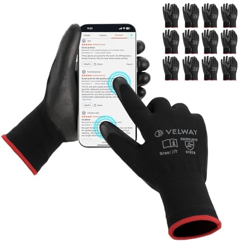 Velway Arbeitshandschuhe PU-beschichtet Leicht, 12 Paar | Rutschfest Atmungsaktiv, EN388, Montagehandschuhe Herren Damen Handschuhe für Gartenarbeit, Mechanik, Logistik und Handwerk