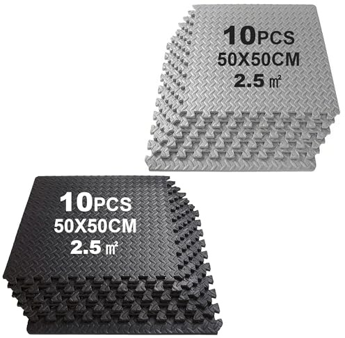 SROCHN 20PCS Bodenschutzmatten Sportgeräte-Matten 50X50X1cm mit Randstücken, 5㎡ rutschfest Eva Fitnessmatte Turnmatte Sportmatte Trainingsmatte (Schwarz+Grau)