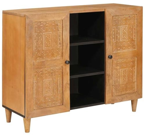 QJBSAVVA Sideboard Mangoholz 33,5 x 90 x 75 cm Hellbraun mit 2 Türen Modernes Lowboard für Wohnzimmer Flur oder Küche