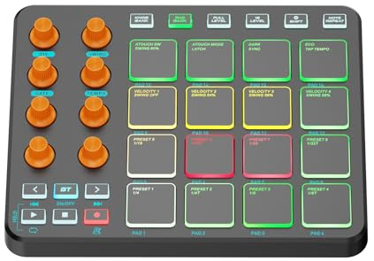Btuty Customizable RGB MIDI Pad, Wireless MIDI Keyboard 16 RGB Pads 6 Buttons 8 Knobs Rechargeable PC Mobile App Supporting for Beginners, mit Kabelfreiem Keyboard, 16 Pads (Schwarz)