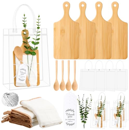 29 Pcs Baby Shower Prizes for Game Winners 4 Sets Bamboo Chopping Board Spoon Towel Thank You Card with PVC Gift Bags for Guests Baby Shower Wedding Bridal Party Favors