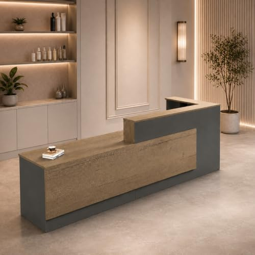 71/180CM L-Shaped Reception Desk with Cabinets, Drawers, Open Shelves and Keyboard Tray, Large Front Desk Reception Counter for Office, Salon, Lobby, Hotel, Beauty Clinic, Shop and Studio, Left