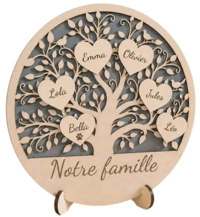 LANCK Arbre de Vie Personnalisé Notre Famille - Bois Double Couche avec Prénoms Gravés - Décoration Artisanale à Poser - Cadeau Fête des Mères & Anniversaire (3. Gris)