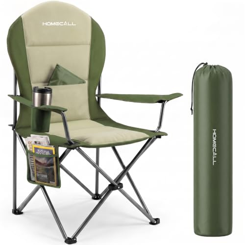 Homecall Campingstuhl Faltbar bis 150kg,Angelstuhl 108cm (Grün - 1 Stück) | Belastbar Campingstuhl Hochlehner 108cm mit Lendenwirbelstütze, Gepolstert Klappstuhl Camping Stuhl für Garten Picknick