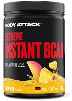 Body Attack Extreme Instant BCAA - 500 g - Tropical - Made in Germany - Gut lösliches, veganes BCAA Pulver im Verhältnis 2:1:1 - Zuckerfreie Aminosäuren für intensives Training - Mit L-Leucin