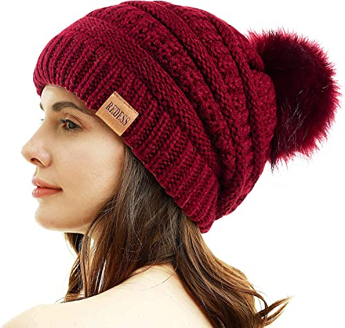 REDESS Damen Winter Pom Pom Beanie Mütze mit warmem Fleece gefüttert, Dicker Slouchy Snow Knit Chunky Baggy Skull Ski Cap