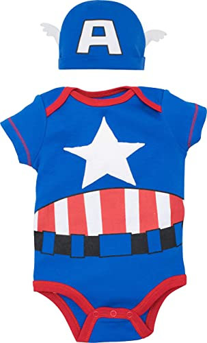 Marvel Captain America Baby Boys Costume Short Sleeve Bodysuit & Cap Set Blue, 0-3 Months