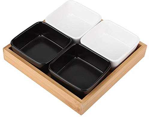 Ceramic Serving Platter with Dividers Black and White Serving Tray Divided 2 or 4 Section Plates Wood Square Relish Tray for Party Bar Food Snack Fruit Caddy Holder(#2)