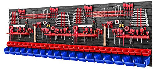 Werkzeugwand Stapelboxen - 2304 x 780 mm - Lagersystem SET Werkzeughaltern und 46 Rot/Blau Boxen - Wandregal Werkstattregal Lochwand Schüttenregal Sichtlagerkästen