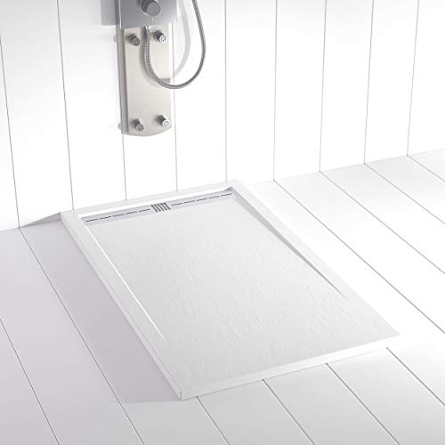 Plato de ducha Resina Shower Online FLOW - 80x140 - Textura Pizarra - Antideslizante - Blanco RAL 9003 - Incluye Rejilla Inox y Sifón - Todas las medidas disponibles