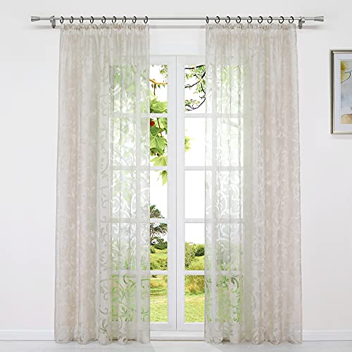 HeichkelL Voile Transparente Gardine mit Kräuselband Vorhang Blumen-Muster Modern Fensterschal für Wohnzimmer 1 Stück Sand BxH 140x175cm