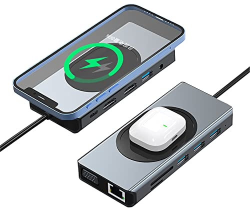 SOSOFLY Tipo-C HUB estación de acoplamiento 12 en 1 convertidor usbC a HDMI VGA adecuado para MacBook Pro Base con hub de carga inalámbrica