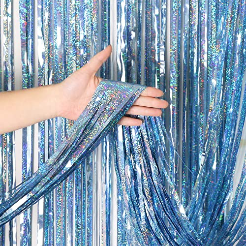 Lametta Vorhang Hellblau Glitzer - OEMG 4 Stück Glitzervorhang Lametta Hellblau,1mx2.5m Metallische Lametta Vorhänge Hellblau, Folienvorhang Hellblau Glitzer Vorhänge Party für Weihnachten,Geburtstag