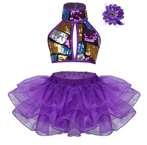 TiaoBug Vestito da Ballo Latino Americano Bambina con Paillettes Tutu Abito da Ballo Jazz Samba Salsa Rumba Jazz Vestito da Danza Classica con Bowknot Polsini Dancewear Viola A 4-5 Anni