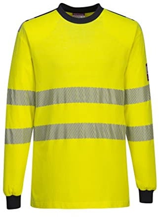 Portwest FR701 PW3 Flame Resistant Class 3 Hi-Vis Reflective Long Sleeve T-Shirt Yellow/Navy, XL