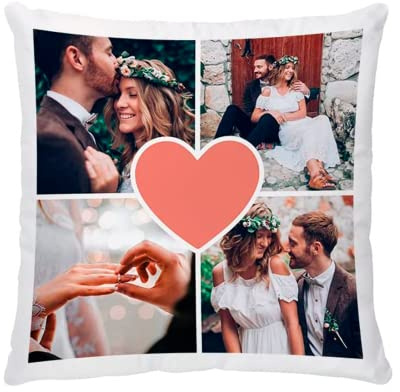 Made in Gift Cojín Personalizado con Foto y Texto 40x40 cm – Regalo Original para Pareja, Día del Padre y Madre, Funda Extraíble con Cremallera y Relleno Incluido (Collage Corazón 4 Fotos)