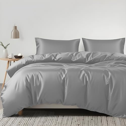 LINENWALAS Bettwäsche-Set aus 100 % Bio-Eukalyptus-Tencel, 3-teilig, mit Reißverschluss und Eckbändern, weichste kühlende Luxus-Bettwäsche, perfekt für Haar und Haut (Doppelbett, Silber)