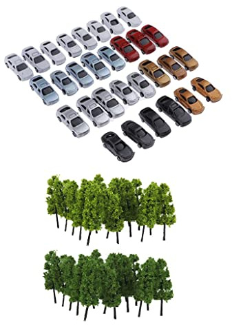 Baoblaze 1:200 Z Skala 30x Plastikauto & 20pcs Baum Miniatur Gebäude Layout ACCS